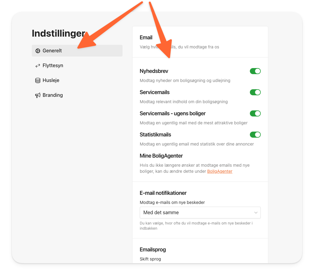 Indstil dine emailpræferencer på BoligPortal under Indstillinger.png