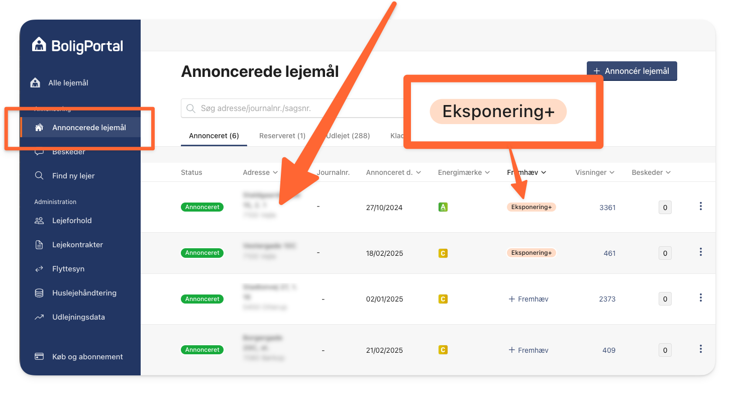 Find din fremhævede annonce under Annoncerede lejemål og klik på adressen.png