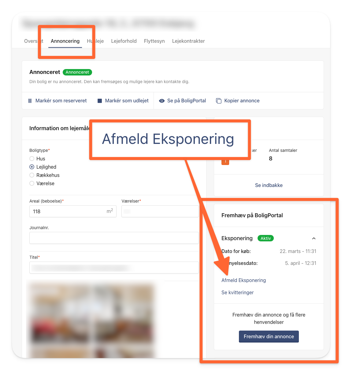 Gå til boksen Fremhæv på BoligPortal under fanen Annoncering og klik på Afmeld.png