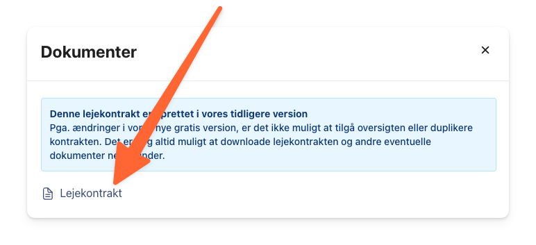 Klik på 'Lejekontrakt' for at åbne den gamle version af din lejekontrakt.png