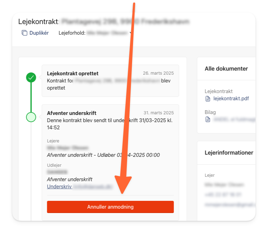 Klik på Annuller anmodning for at trække underskriftsanmodningen tilbage fra din lejekontrakt.png