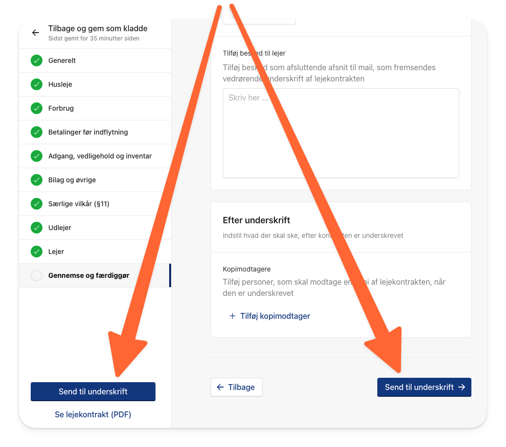 Klik på Send til underskrift for sende din lejekontrakt til lejer .png