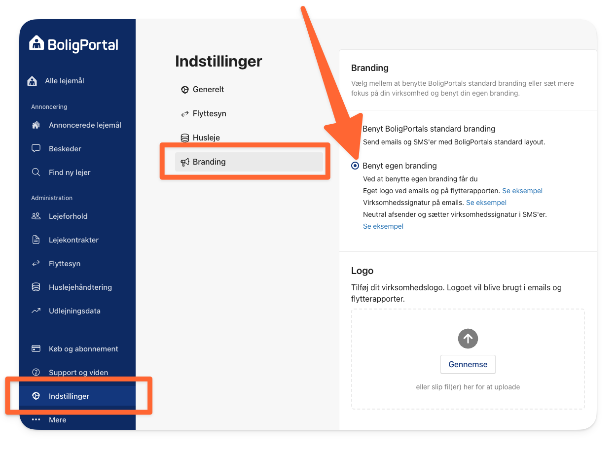 Gå til Indstillinger og branding for at opsætte din egen branding og logo på din profil.png