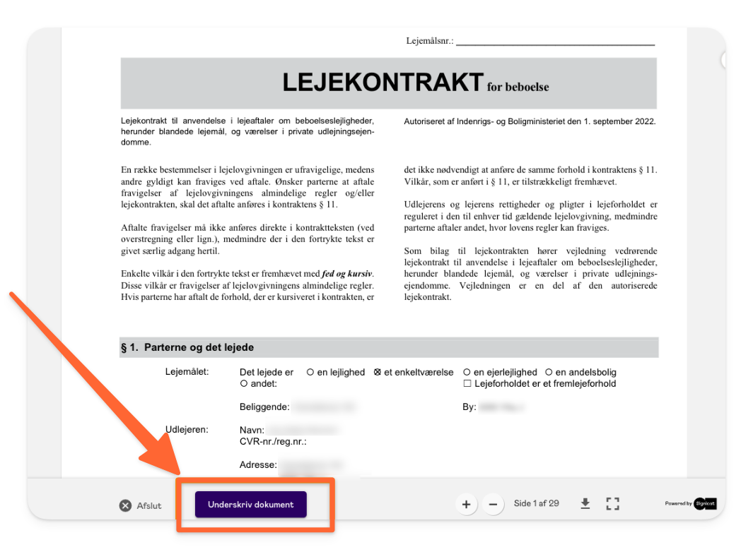 Klik på Underskriv dokument for at signere lejekontrakten på skærmen.png