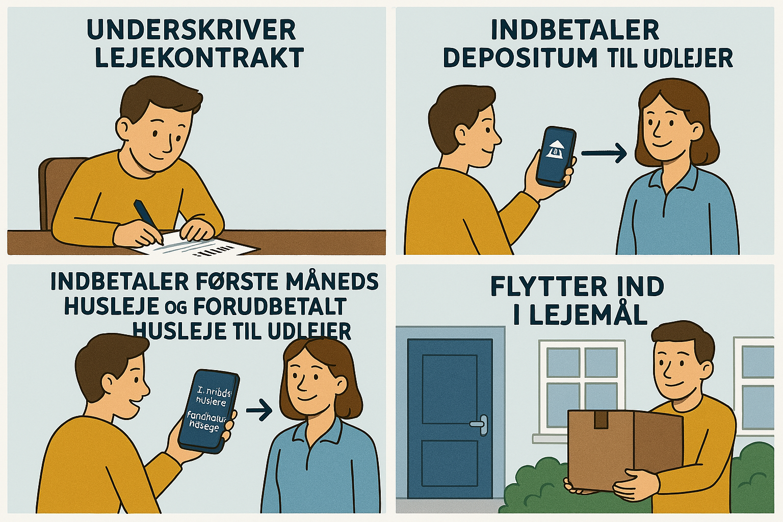 Illustration af indbetaling af depositum og første måneds og forudbetalt husleje.png