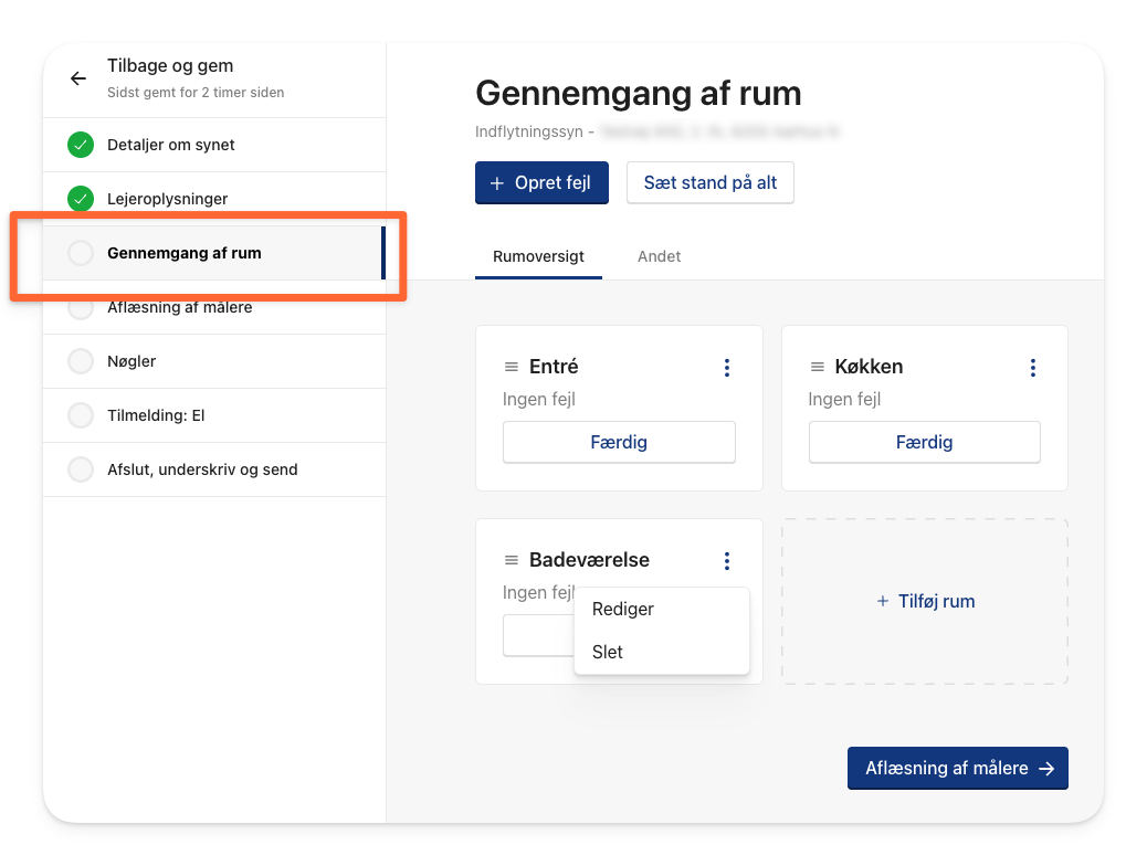 Udfyld fanen Gennemgang af rum for at tilføje stand, fejl og mangler .png