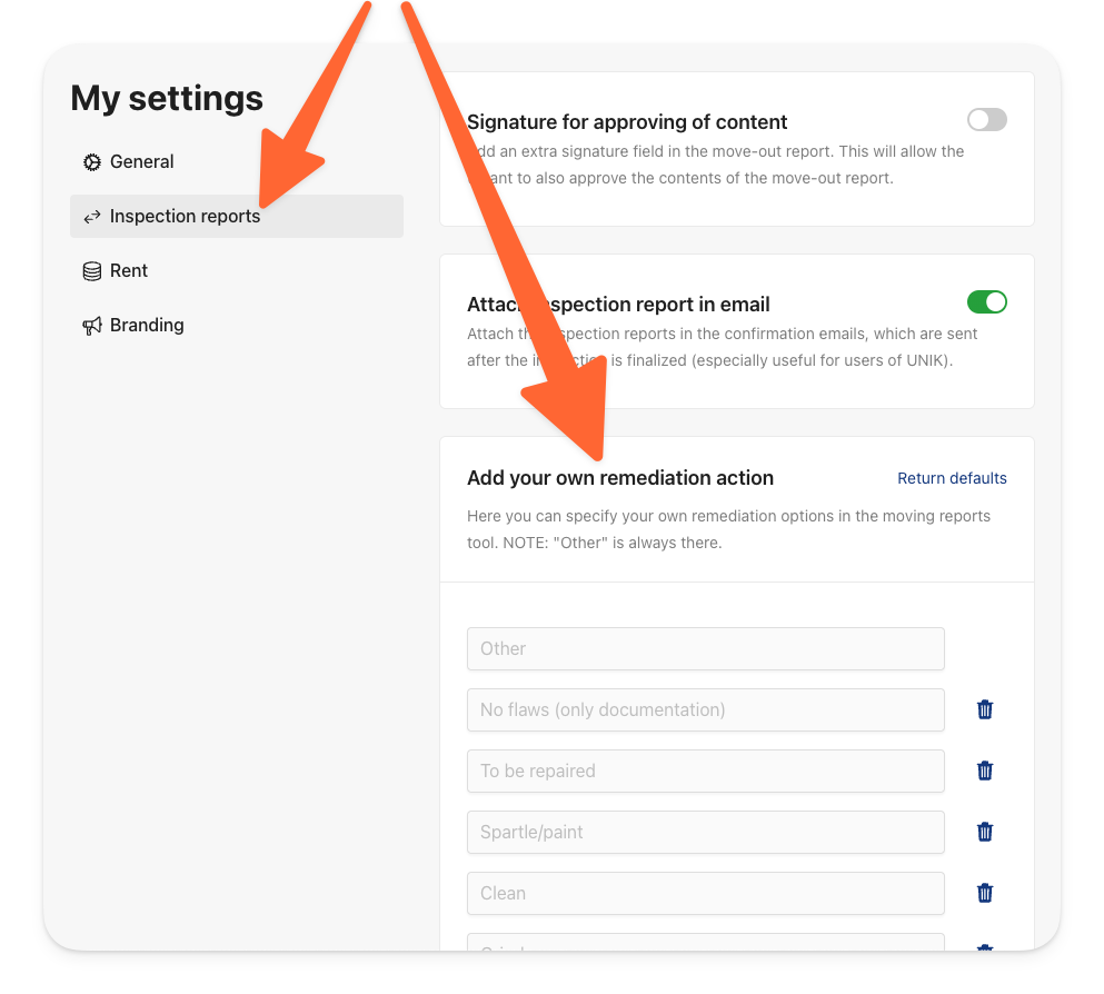 Go to Add your own remediation actions under Inspection reports in Settings.png