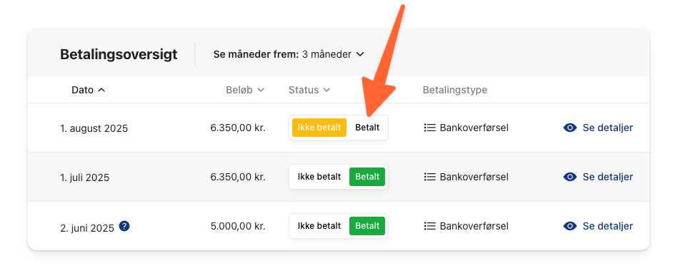 Klik på Betalt for at afstemme huslejeopkrævning via bankoverførsel.png